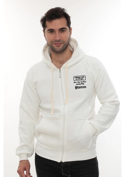 Erkek Beyaz Standart Fit Normal Kesim Içi Polarlı Tam Fermuarlı Kapüşonlu Pamuklu Sweatshirt