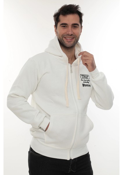 Erkek Beyaz Standart Fit Normal Kesim Içi Polarlı Tam Fermuarlı Kapüşonlu Pamuklu Sweatshirt fiyatları