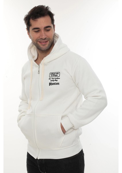Erkek Beyaz Standart Fit Normal Kesim Içi Polarlı Tam Fermuarlı Kapüşonlu Pamuklu Sweatshirt fırsatları
