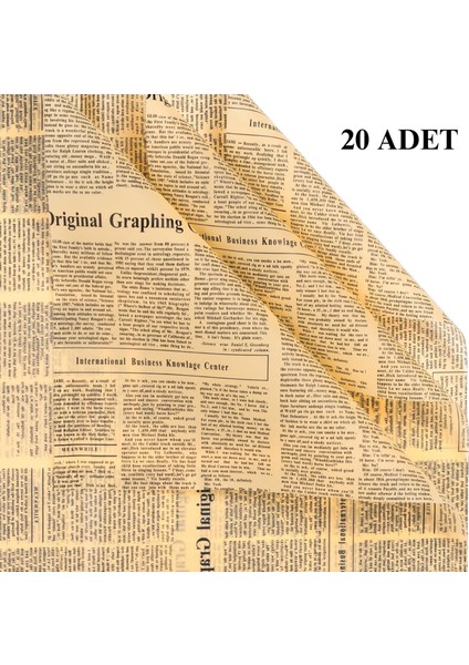 Gazete Desenli Çiçek Ambalaj Kağıdı 20LI, Çift Baskı Mat Opp Hediye Buket Kağıdı, Kraft, 58X58 cm