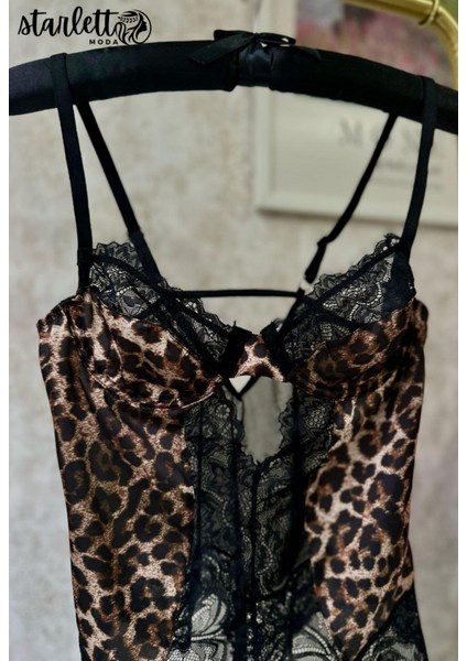 Leopar Desenli Dantelli Balenli Kapsız Transparan String Bodysuit modelleri