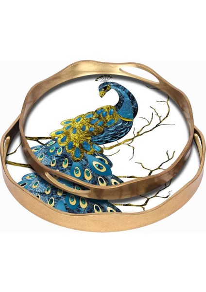 2’li Ahşap Kenarlı Eskitme Cam Tepsi Seti (34–39 Cm)