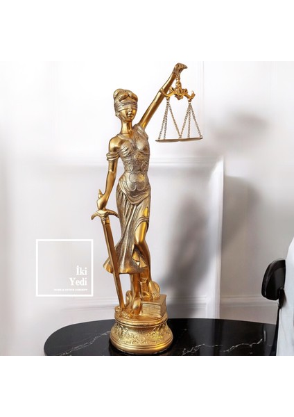 Adalet Tanrıçası Heykeli 56 cm – Simli Gold Themis Biblo, Lady Justice, Hukuk Ofisi Hediyesi