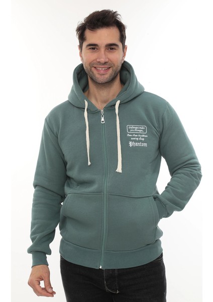 Erkek Petrol Standart Fit Normal Kesim Içi Polarlı Tam Fermuarlı Kapüşonlu Pamuklu Sweatshirt