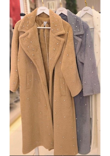 Butik Peluş Taş Detaylı Astarlı Cepli Kürk