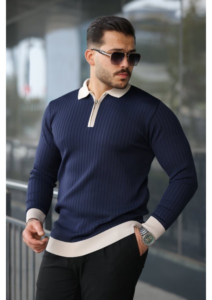 Erkek Kol ve Yaka Detaylı Uzun Kollu Triko