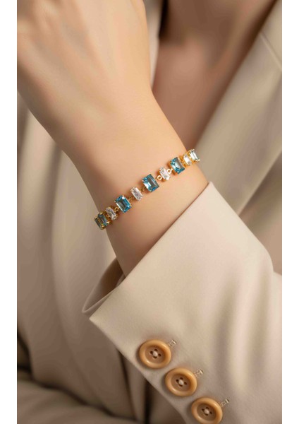 Turkuaz Zirkon Taşlar ve Zarif Dokunuş Paslanmaz Çelik Bileklik