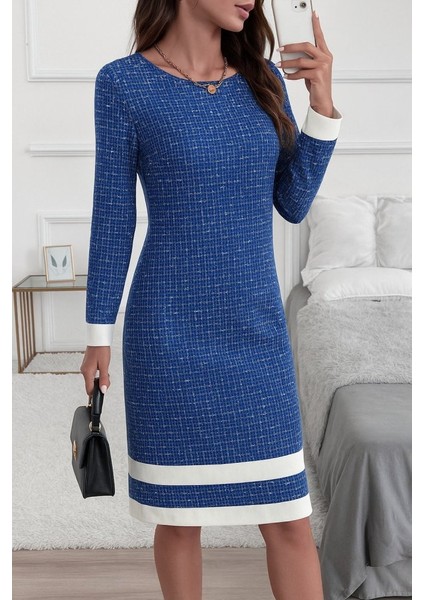 Kadın Uzun Kollu Yuvarlak Yaka Etek Ucu Şerit Detaylı Mini Dokuma Elbise modelleri