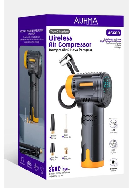 Oto Lastik Pompası Hava Kompresörü Araç/ Motosiklet/ Bisiklet Tekerlek Pompası Şarjlı LED Ekranlı