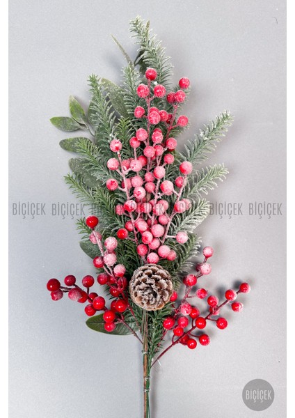 Karlı Kokina 80 cm 120 Meyveli ve Kozalaklı Yılbaşı Bitkisi Tek Dal