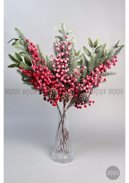 Karlı Kokina 80 cm 120 Meyveli ve Kozalaklı Yılbaşı Bitkisi Tek Dal