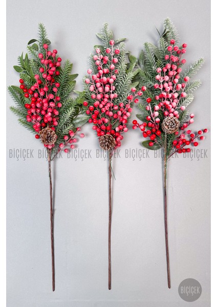 Karlı Kokina 80 cm 120 Meyveli ve Kozalaklı Yılbaşı Bitkisi Tek Dal