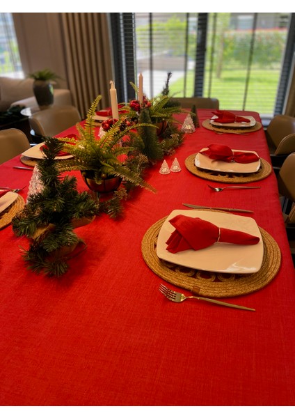 Keten Dokulu Simli Kırmızı Masa Örtüsü modelleri