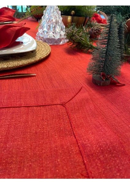 Keten Dokulu Simli Kırmızı Masa Örtüsü fırsatları