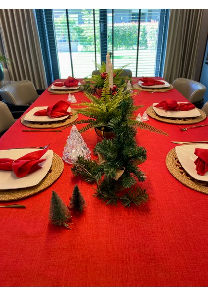 Keten Dokulu Simli Kırmızı Masa Örtüsü indirimleri