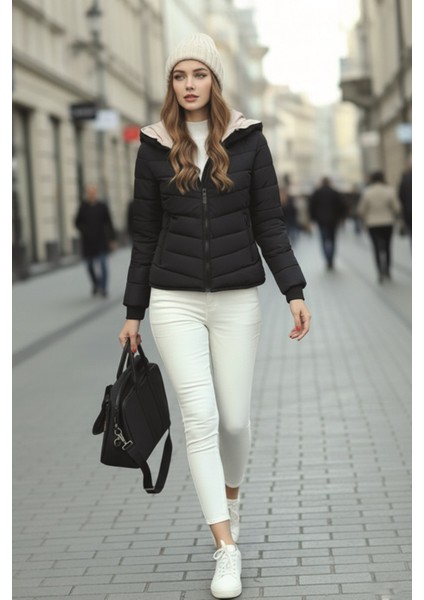Kışlık Kapüşonlu Kadın Şişme Mont