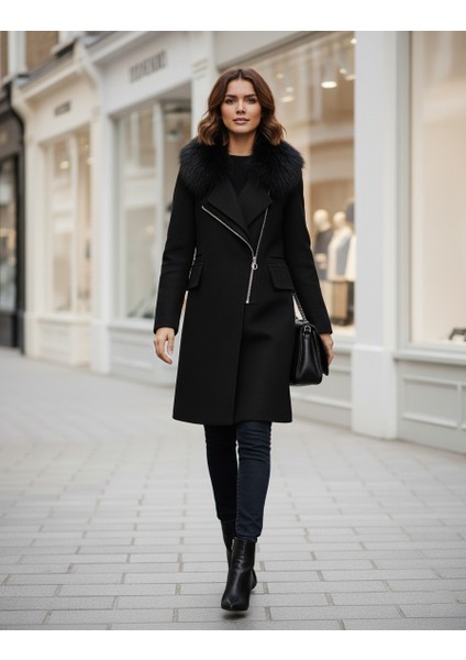 Kadın Kürklü Kaşe Kışlık Siyah Kaban