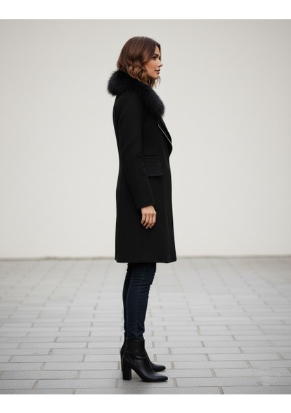 Kadın Kürklü Kaşe Kışlık Siyah Kaban fırsatları