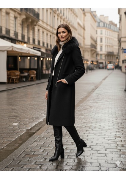 Kadın Kürklü Kaşe Kışlık Siyah Kaban