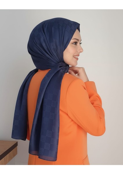 Lacivert Jakarlı Yonca Desenli Şal
