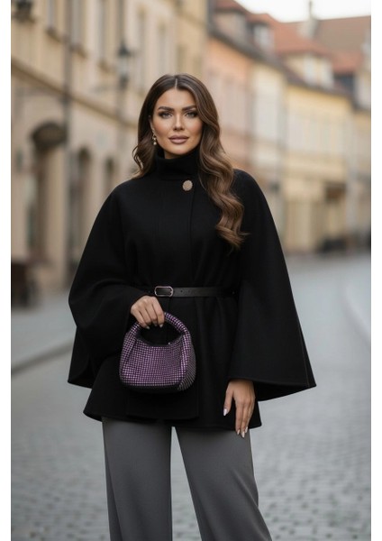 Gold Detaylı Kaşe Pelerin Panço 6100