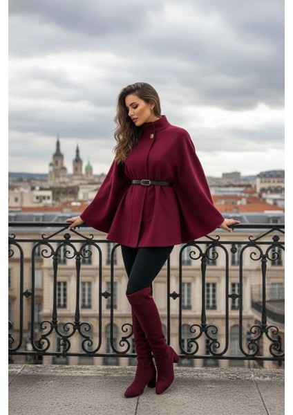 Gold Detaylı Kaşe Pelerin Panço 6100