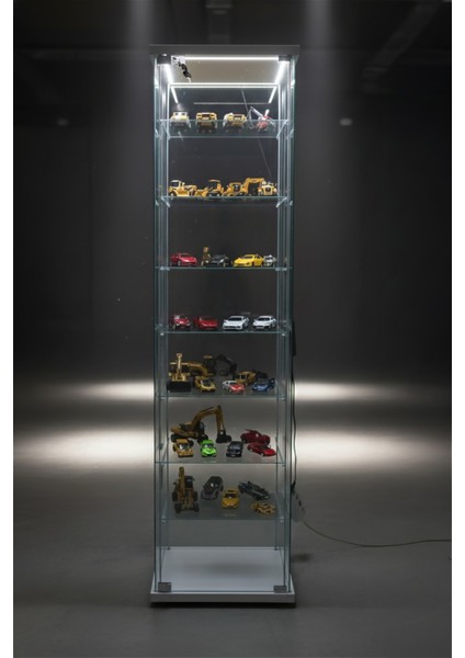 7 RAFLI KİLİTLİ LEDLİ BEYAZ (Gümüşlük, Büfe, Koleksiyon, Sunu, Sergi, Kitaplık) modelleri