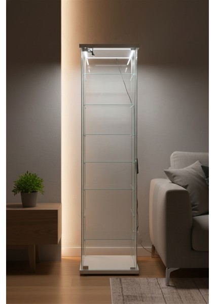 7 RAFLI KİLİTLİ LEDLİ BEYAZ (Gümüşlük, Büfe, Koleksiyon, Sunu, Sergi, Kitaplık) fırsatları