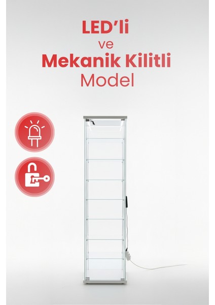 7 RAFLI KİLİTLİ LEDLİ BEYAZ (Gümüşlük, Büfe, Koleksiyon, Sunu, Sergi, Kitaplık)