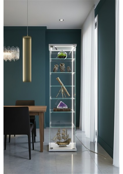 7 RAFLI KİLİTLİ LEDLİ BEYAZ (Gümüşlük, Büfe, Koleksiyon, Sunu, Sergi, Kitaplık)