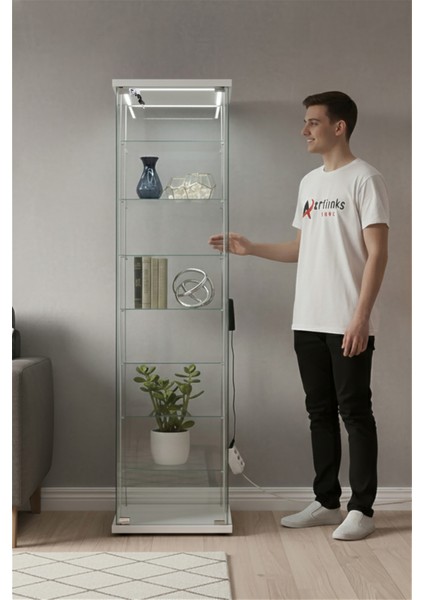 7 RAFLI KİLİTLİ LEDLİ BEYAZ (Gümüşlük, Büfe, Koleksiyon, Sunu, Sergi, Kitaplık)