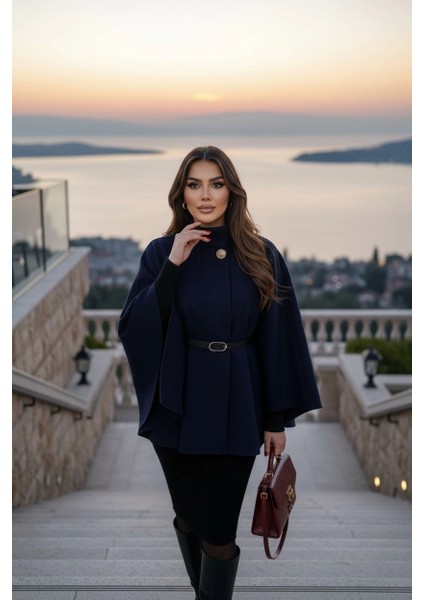 Gold Detaylı Kaşe Pelerin Panço 6100