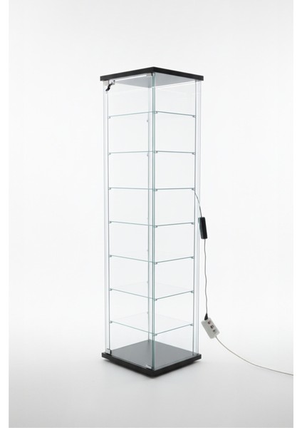 7 RAFLI KİLİTLİ LEDLİ SİYAH CAM VİTRİN (Gümüşlük, Büfe, Koleksiyon, Sunu, Sergi, Kitaplık)