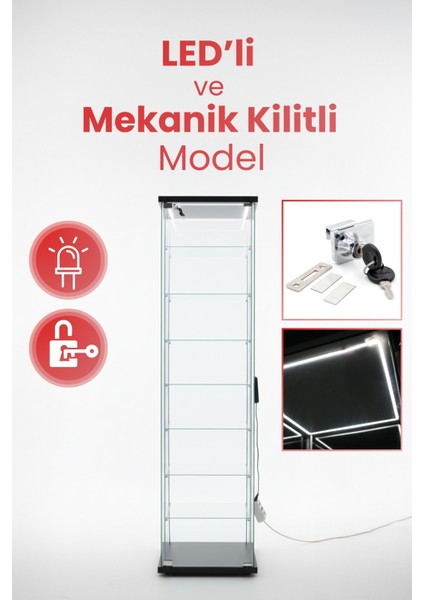 7 RAFLI KİLİTLİ LEDLİ SİYAH CAM VİTRİN (Gümüşlük, Büfe, Koleksiyon, Sunu, Sergi, Kitaplık) modelleri