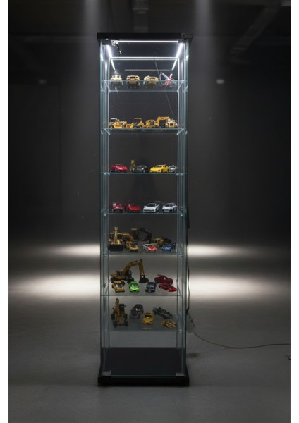 7 RAFLI KİLİTLİ LEDLİ SİYAH CAM VİTRİN (Gümüşlük, Büfe, Koleksiyon, Sunu, Sergi, Kitaplık) indirimleri