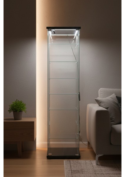 7 RAFLI KİLİTLİ LEDLİ SİYAH CAM VİTRİN (Gümüşlük, Büfe, Koleksiyon, Sunu, Sergi, Kitaplık)