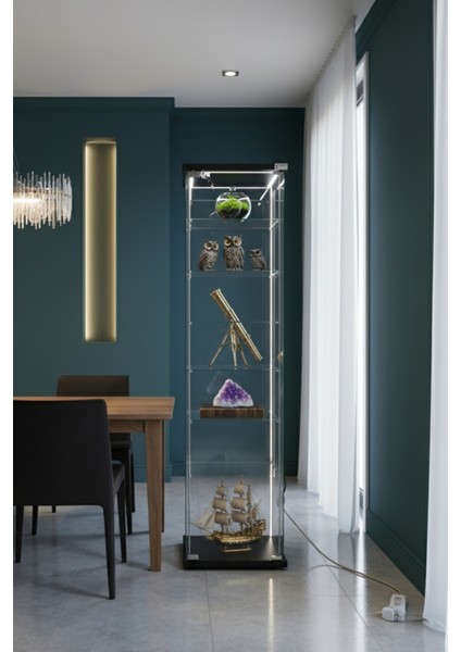 7 RAFLI KİLİTLİ LEDLİ SİYAH CAM VİTRİN (Gümüşlük, Büfe, Koleksiyon, Sunu, Sergi, Kitaplık)