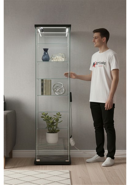 7 RAFLI KİLİTLİ LEDLİ SİYAH CAM VİTRİN (Gümüşlük, Büfe, Koleksiyon, Sunu, Sergi, Kitaplık)