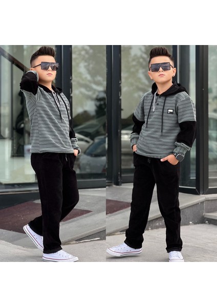 Erkek Çocuk Kapüşonlü Sweatshirt - Kadife Pantolon Full Likra Kışlık Alt Üst 2'li Takım - Bayramlık