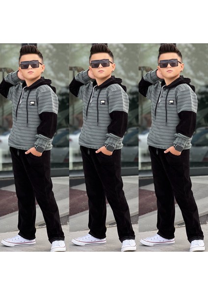 Erkek Çocuk Kapüşonlü Sweatshirt - Kadife Pantolon Full Likra Kışlık Alt Üst 2'li Takım - Bayramlık fiyatları