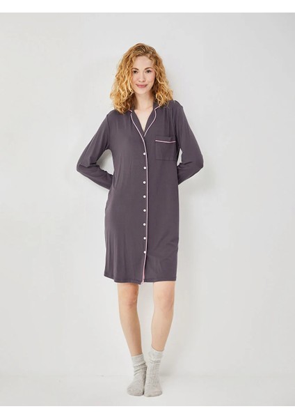 Lcw Dream Antrasit Gömlek Yaka Kadın Gecelik