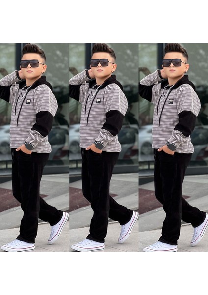 Erkek Çocuk Kapüşonlü Sweatshirt - Kadife Pantolon Full Likra Kışlık Alt Üst 2'li Takım - Bayramlık fiyatları