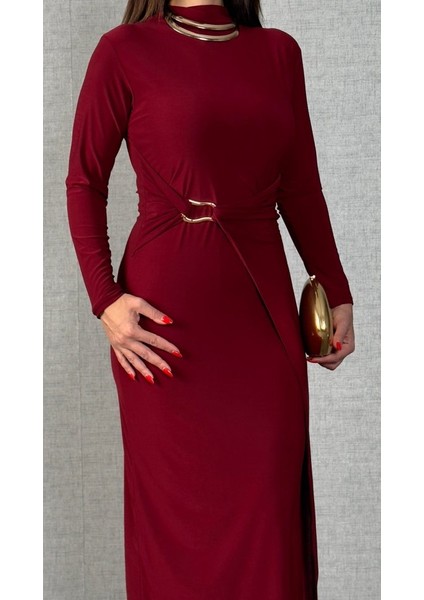 Kadın Balıkçı Yaka Toka Detay Sandy Kumaş Midi Boy Elbise fiyatları