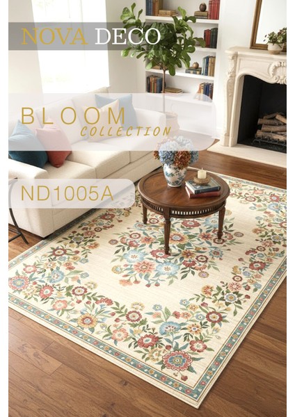 Çiçek Desenli Krem Renkli Yıkanabilir Halı Kaymaz Taban