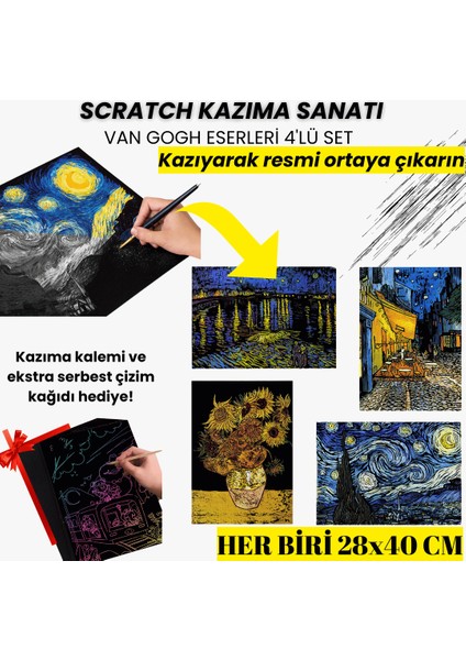 Scratch Art Kazıma Çizim Seti – Van Gogh Eserleri 4 Adet | Kazıma Kağıdı A3 Hobi & Sanat Tablosu