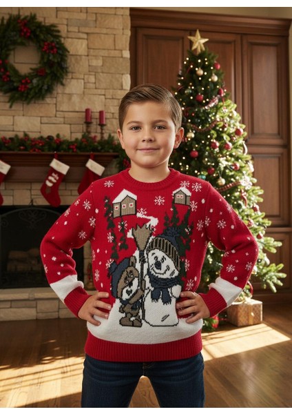 Yılbaşı Kardan Adam ve Ayıcık Desenli Çocuk Triko Kazak