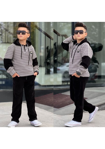 Erkek Çocuk Kapüşonlü Sweatshirt - Kadife Pantolon Full Likra Kışlık Alt Üst 2'li Takım - Bayramlık