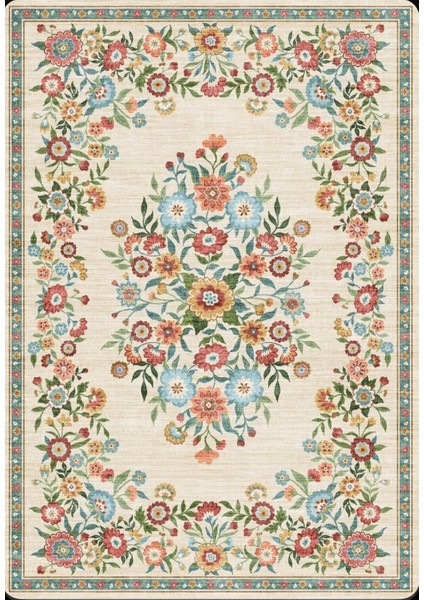 Çiçek Desenli Krem Renkli Yıkanabilir Halı Kaymaz Taban fiyatları