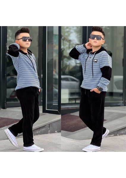 Erkek Çocuk Kapüşonlü Sweatshirt - Kadife Pantolon Full Likra Kışlık Alt Üst 2'li Takım - Bayramlık