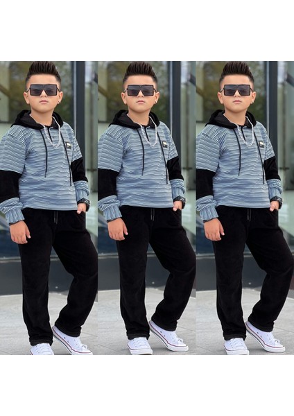 Erkek Çocuk Kapüşonlü Sweatshirt - Kadife Pantolon Full Likra Kışlık Alt Üst 2'li Takım - Bayramlık fiyatları